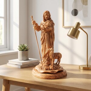 Op de afbeelding: Een gesneden houten beeld van een figuur met een staf en een lam. De figuur, met lang haar en een baard, draagt een gewaad. Het beeld staat op een houten voet en wordt op een houten tafel gepresenteerd.