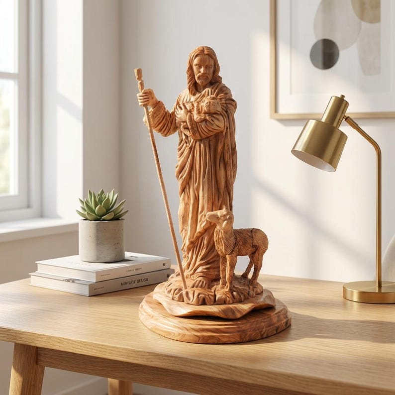 Op de afbeelding: Een gesneden houten beeld van een figuur met een staf en een lam. De figuur, met lang haar en een baard, draagt een gewaad. Het beeld staat op een houten voet en wordt op een houten tafel gepresenteerd.