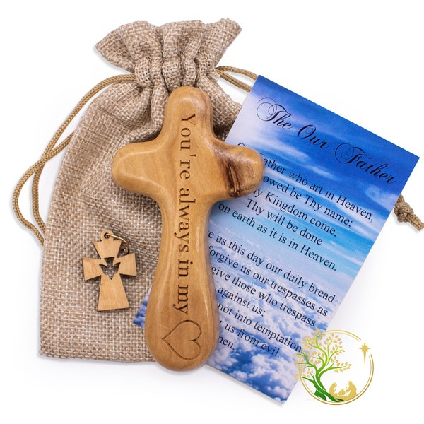 Personalisierte Olivenholz Comfort Kreuz | Handpalme betendes Kreuz | Gebetskreuz aus dem Heiligen Land | Individuell angefertigtes Halten Taschenkreuz