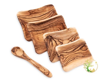 Ensemble d'assiettes en bois d'olivier | bols de service en bois, lot de 5 | Ensemble de bols en bois d'olivier sculptés à la main pour amuse-gueules avec cuillère en bois d'olivier