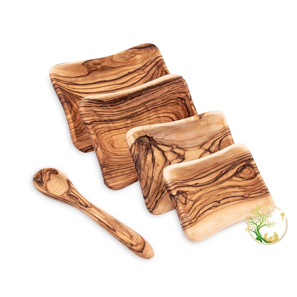 Olive wood plate set | serving wooden bowl set of 5 | Wooden plate hand carved olive wood bowls set for appetizers with olive wood spoon