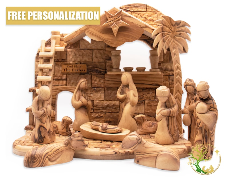 Set di natività natalizia personalizzato - Set di natività in legno d'ulivo con scena della Terra Santa - Decorazioni natalizie con statuina della natività personalizzata immagine 2