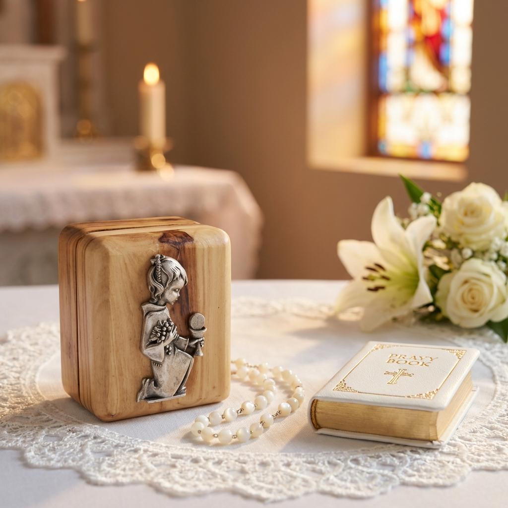 Handmade Olive Wood Rosary Box: First Communion Gift