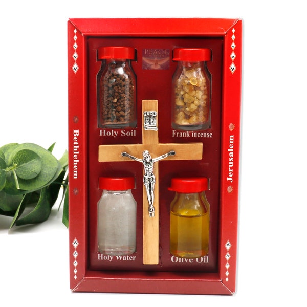 Holy Land Relics Box with Olive wood cross Holy Water, anointing olive oil, Soil & Frankincense |Holy Land souvenir keepsake Religious Gift