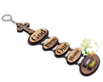 Wall Hanging cross "God Bless Our Home" Religious wall Décor - Holds Olive oil & Holy water from the Holy Land | Religious gift