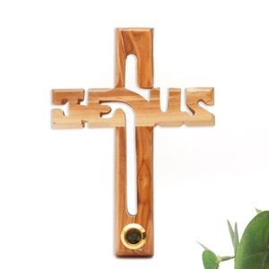 Jesus Name Olive wood wall hanging Cross | Wooden cross Handmade by Christian craftsmen in the Holy Land Bethlehem |Christmas Religious gift