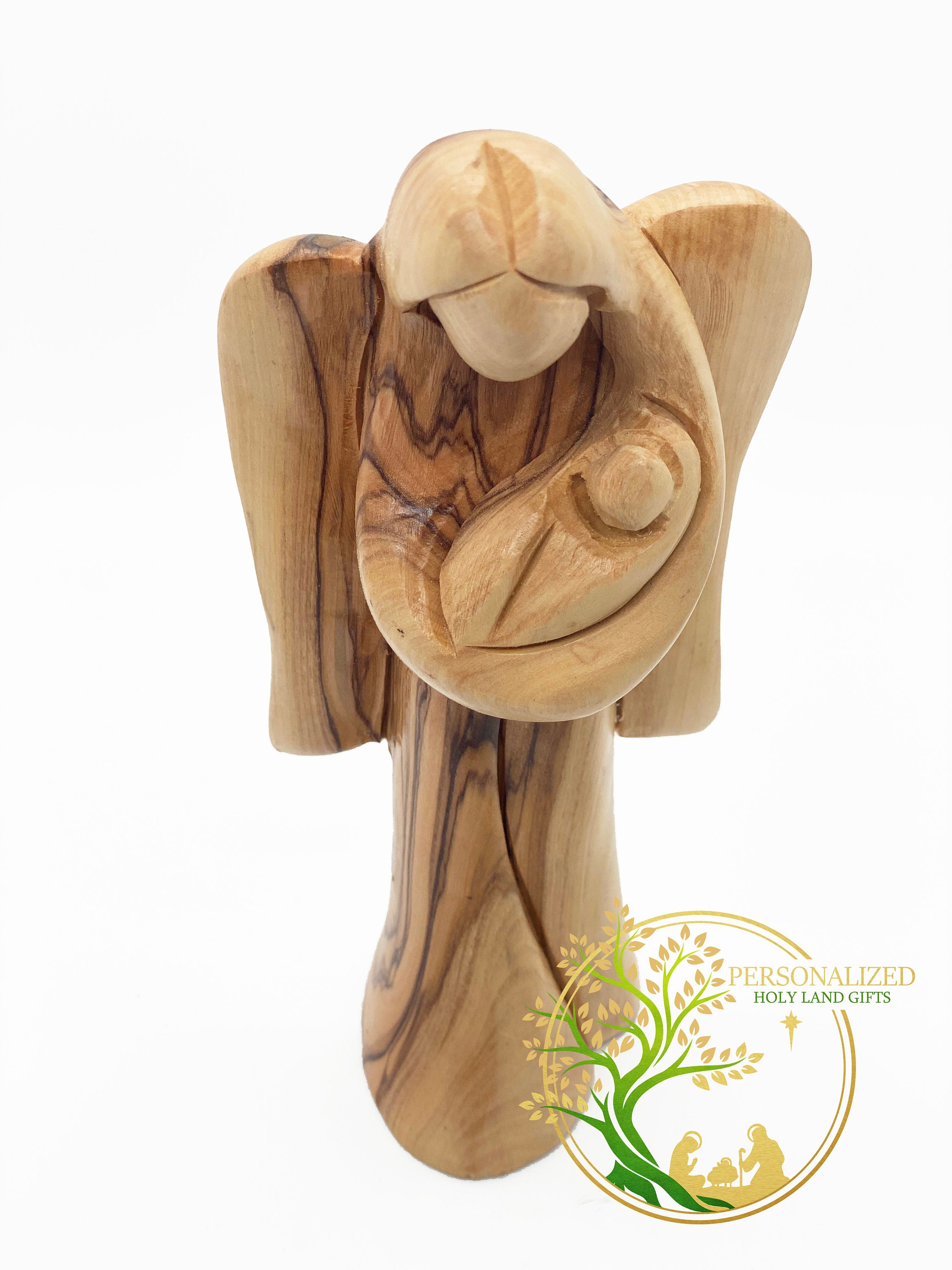 Ange Gardien Bois D’Olivier Sculpté Main – Figurine Porte-Bonheur Protection, Idéal Baptême, Communion, Noël