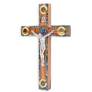 Sacred Abalone Wall Crucifix Handcrafted in the Holy Land with Relics, Abalone Star| Wall cross Christmas Religious Gift for your Home decor