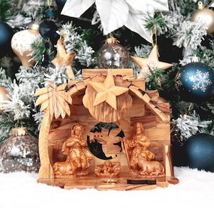 Handmade Olive Wood Nativity Scene with Music Box & Incense