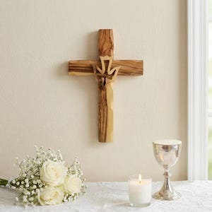 Olive Wood Holy Spirit Cross: Dove Baptism Gift