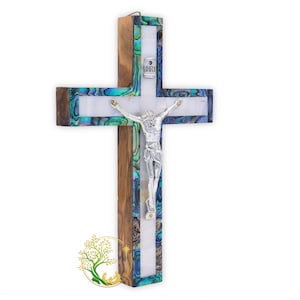 Wall Crucifix Catholic |Mother of pearl cross for wall |Hand carved Olive wood Crucifix wall for home décor| Holy Land Wooden crucifix cross