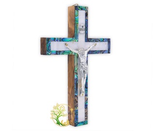 Crucifix mural catholique | Croix en nacre pour mur | Crucifix mural en bois d'olivier sculpté à la main pour la décoration intérieure | Croix de Terre Sainte en bois