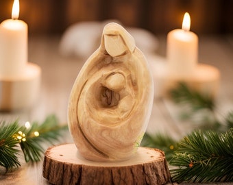 Handgeschnitzte Heilige Familienstatue aus Olivenholz: Krippenszene Religiöses Geschenk