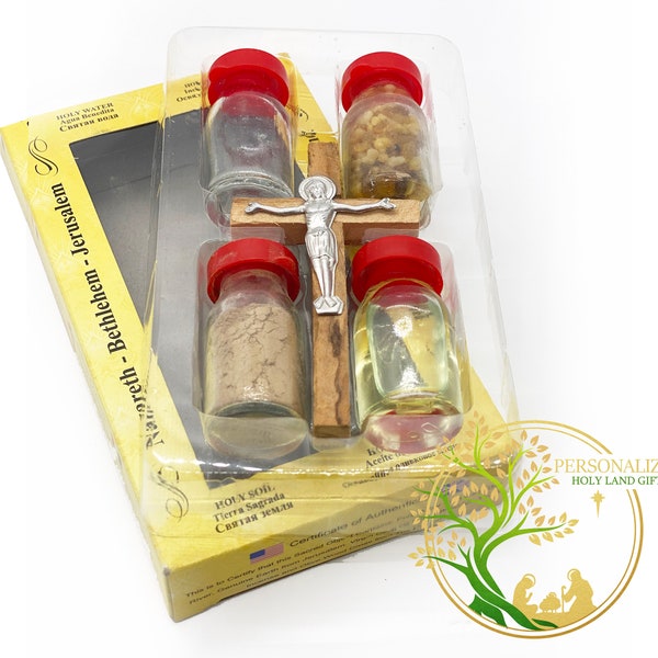 Holy Land Relics Box with Olive wood cross from Bethlehem - Includes Holy Water, anointing oil, Soil & Frankincense Religious Christmas Gift