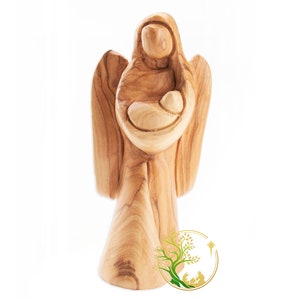 Handmade Olive Wood Guardian Angel Holding Baby statue -Religious statue Perfect gift celebrate motherhood, New born, Baptism& confirmation