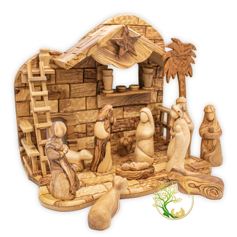 Set di natività natalizia personalizzato - Set di natività in legno d'ulivo con scena della Terra Santa - Decorazioni natalizie con statuina della natività personalizzata immagine 8