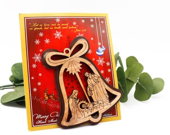 Olive Wood Nativity Bell Ornament: Holy Land Christmas Tree Decoration