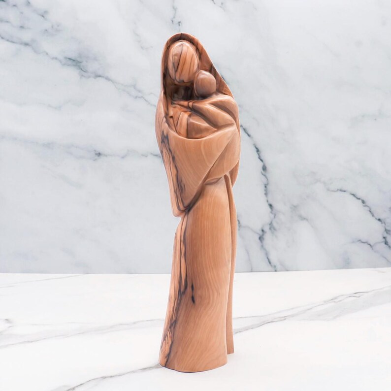Hand-Carved Olive Wood Mother Mary and Baby Jesus Statue - Holy Land Art image 2
