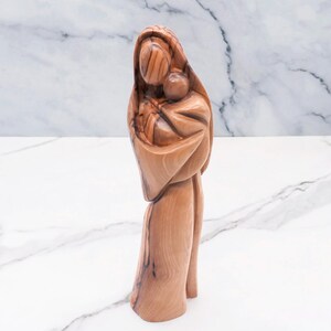 Hand-Carved Olive Wood Mother Mary and Baby Jesus Statue - Holy Land Art image 3