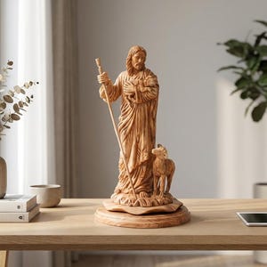Olijfhouten beeld van goede herder met lammeren - Holy Land Art afbeelding 6