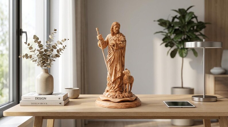 Olijfhouten beeld van goede herder met lammeren - Holy Land Art afbeelding 6