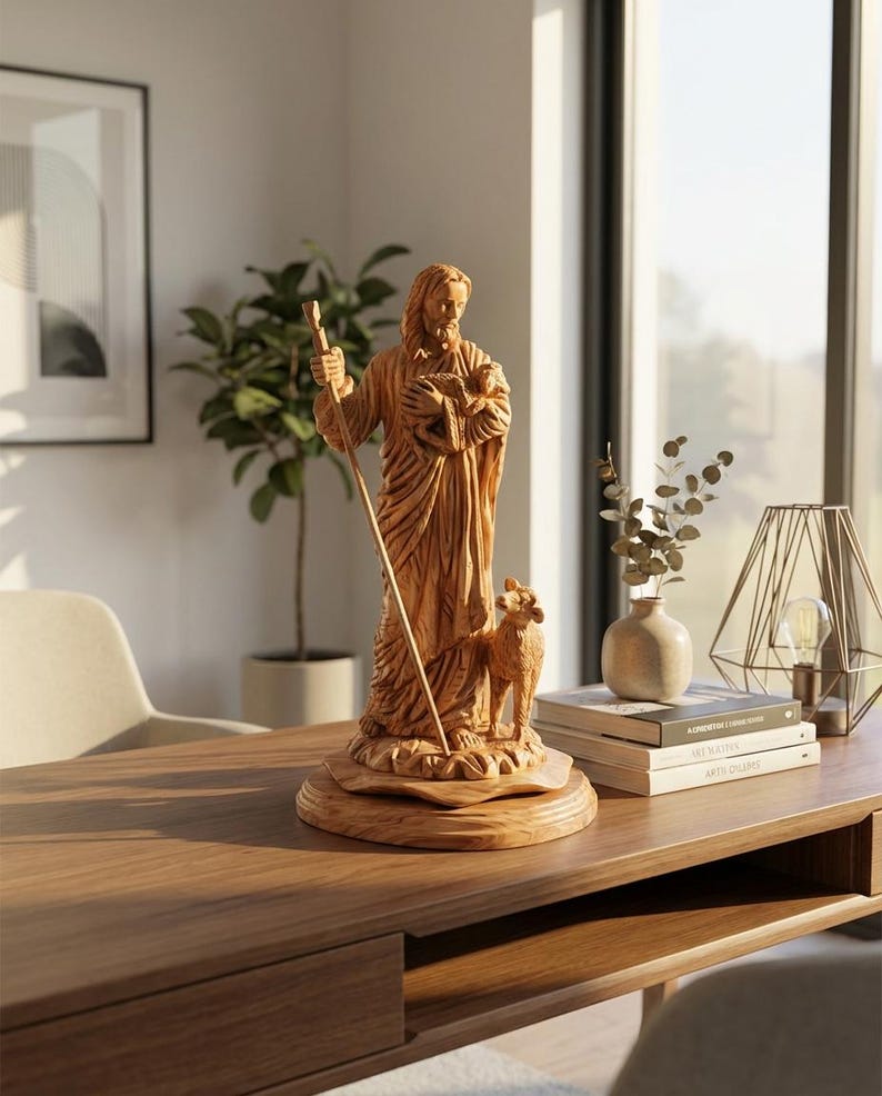 Op de afbeelding: Een lichtbruin houten beeld van een religieuze figuur die een lam en staf vasthoudt, met een schaap aan zijn voeten. Het beeld staat op een ronde basis en staat op een houten bureau.