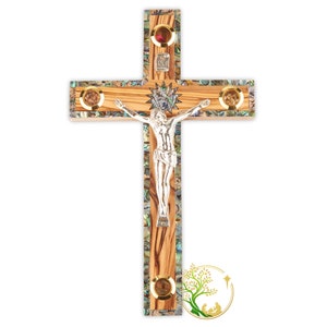 Mother of Pearl Olive Wood Crucifix: Hand Carved Religious Gift