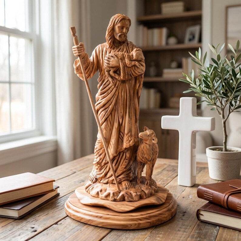 Op de afbeelding: Een gebeeldhouwd houten beeld dat een religieuze figuur voorstelt die een lam en een staf vasthoudt, met een kleine hond aan zijn voeten. Het beeld staat op een ronde houten voet. Een wit kruis en een kleine potplant zijn ook zichtbaar.