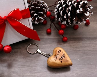 Hand-Carved Olive Wood Heart Keychain - Engraved Valentine's Gift