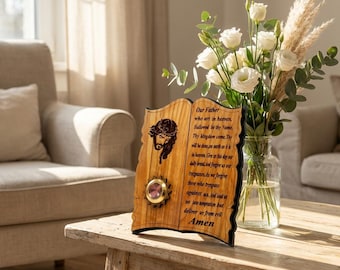 Placa de madera de olivo con la oración del Padre Nuestro: Decoración cristiana de Tierra Santa