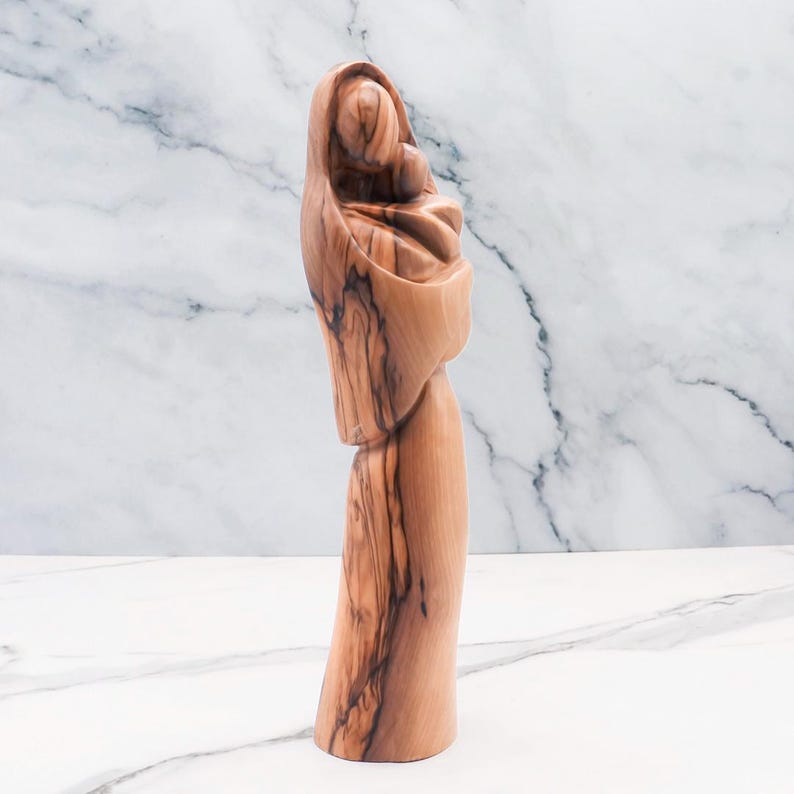 Hand-Carved Olive Wood Mother Mary and Baby Jesus Statue - Holy Land Art image 4