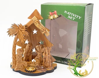 Belén de madera de olivo – Diseño de árbol de Navidad con incienso de Tierra Santa