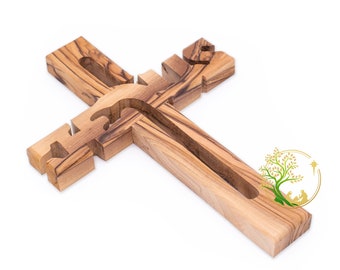 Holy Land Olive Wood Wall Cross: Jesus Name Carved Crucifix