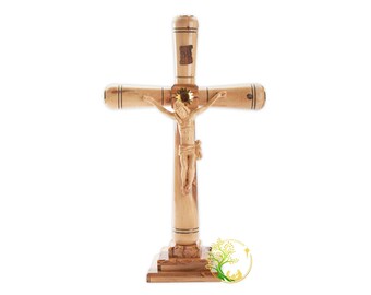 Olive Wood Standing Cross with soil, flowers, leafs and stone from The Holy Land, Bethlehem - Wooden cross & Christ hand carved