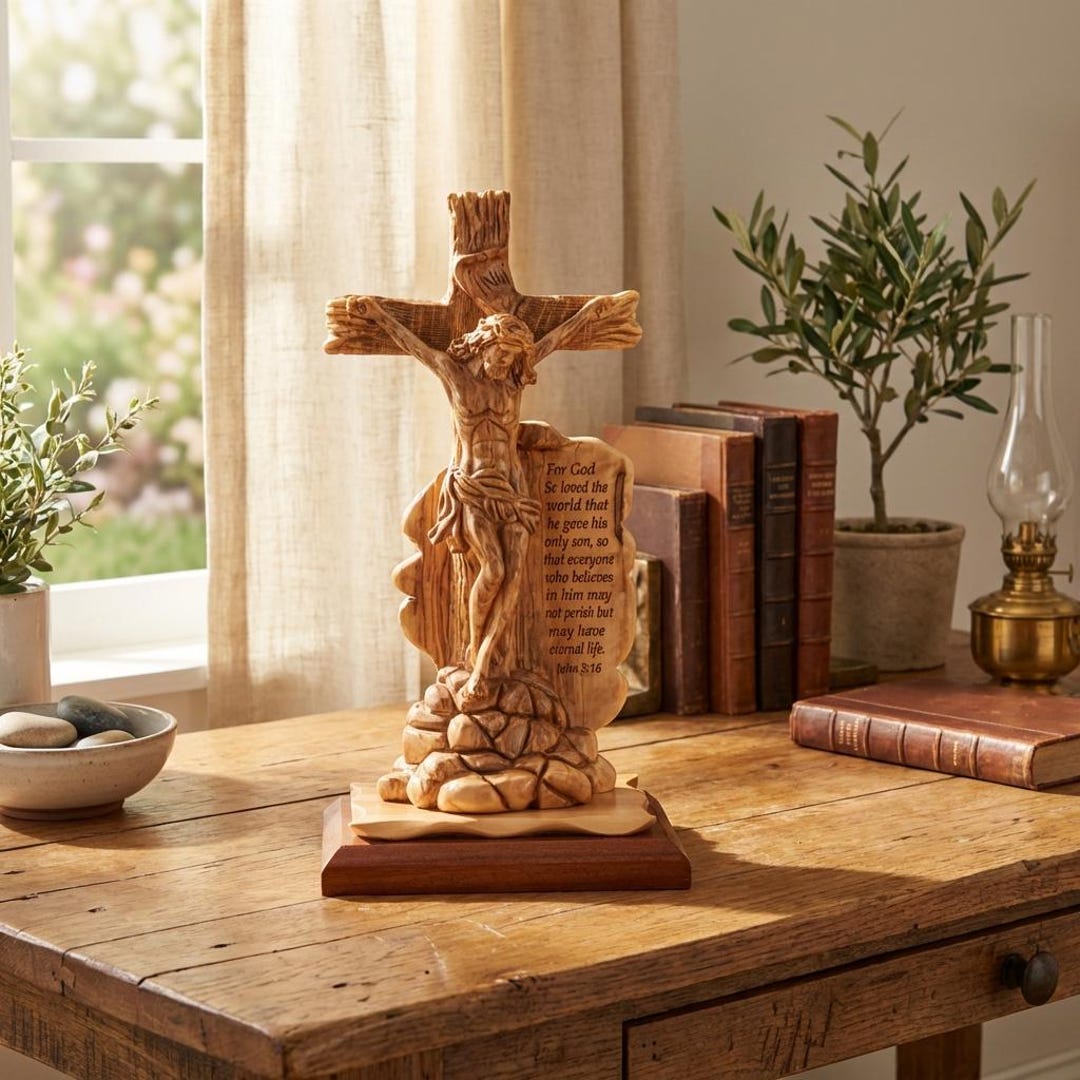 Olive Wood Jesus on Cross Statue: Hand Carved Holy Land Figurine