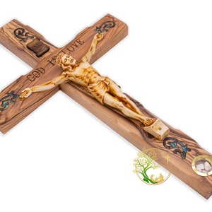 Wall Crucifix | Mother of Pearl wall cross from the Holy Land | Large crucifix for wall | Hand carved Olive wood cross