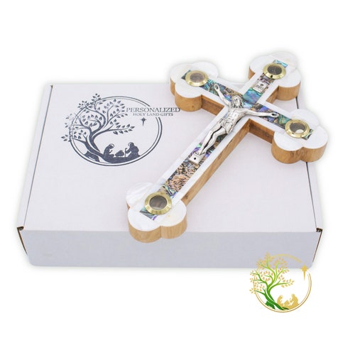 Decorative Mother of Pearl wall hanging cross handmade in the Holy Land orders -Olivewood Catholic wooden crucifix -Perfect home wall decor or gift