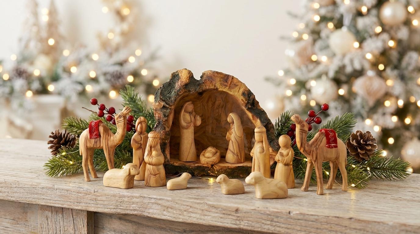 手彫りのオリーブウッド製キリスト降誕セット：聖地のクリスマス