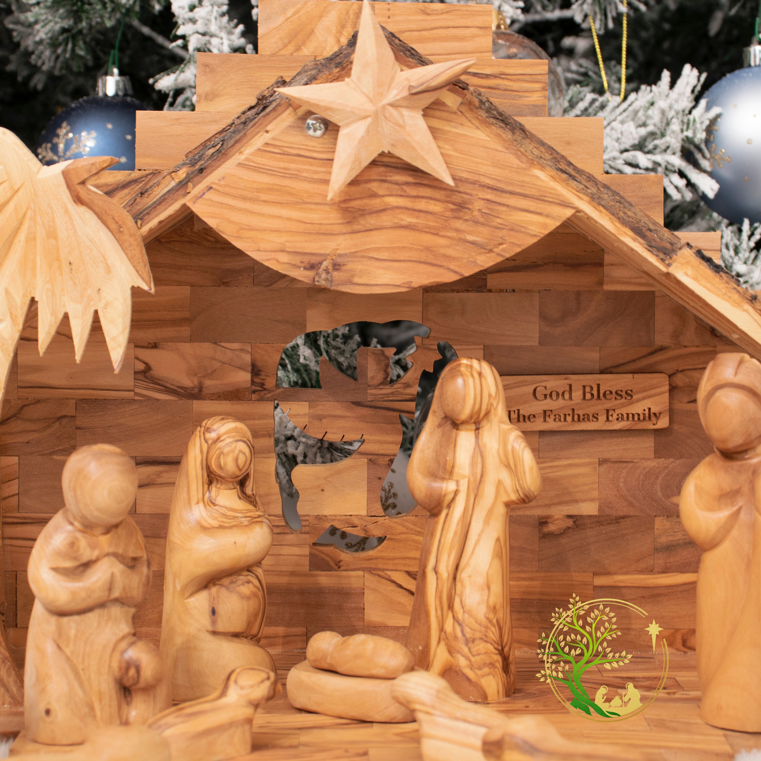 Belén de Navidad – Belén de madera rústica tallada a mano de madera de  olivo de tierra santa – bajo el árbol de Navidad decoración del hogar