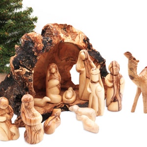 Nativity scene set carved inside an olive tree branch Holy Land Nativity set Wooden Manger Scene Nativity for Christmas decoration image 2