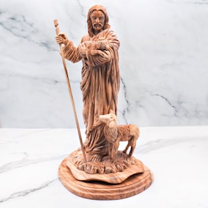 Olive Wood Good Shepherd Statue with Lambs - Holy Land Art