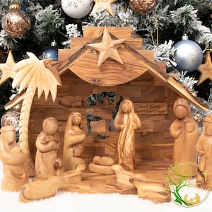 Large Wooden Nativity Set -Hand carved OliveWood Music Box Nativity Scene from Holy Land. Christmas Tree Decoration Holy Family Manger scene