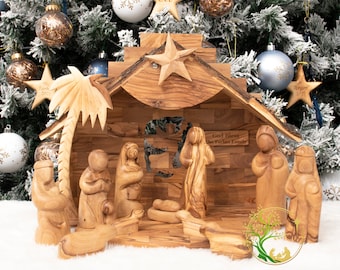 Large Wooden Nativity Set -Hand carved OliveWood Music Box Nativity Scene from Holy Land. Christmas Tree Decoration Holy Family Manger scene