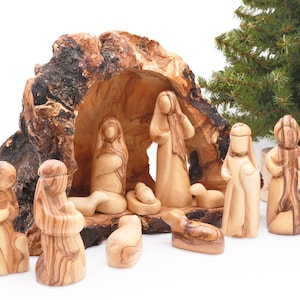 Nativity scene set carved inside an olive tree branch - Holy Land Nativity set - Wooden Manger Scene Nativity for Christmas decoration