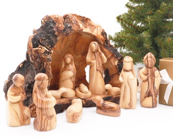 Nativity scene set carved inside an olive tree branch - Holy Land Nativity set - Wooden Manger Scene Nativity for Christmas decoration