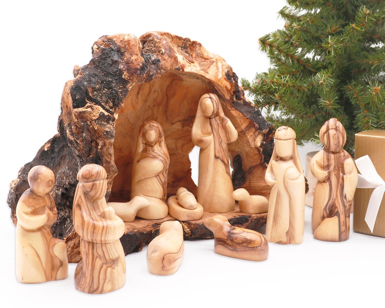 Nativity scene set carved inside an olive tree branch Holy Land Nativity set Wooden Manger Scene Nativity for Christmas decoration image 1