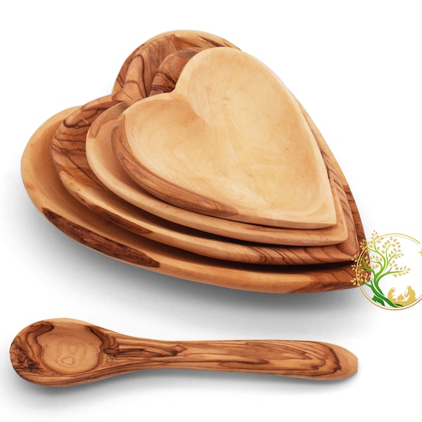 Heart shaped Olive wood serving plate set | wooden heart bowls set | Wooden plates olive wood bowls set for appetizers with olive wood spoon