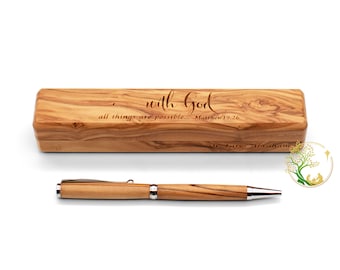 Olive wood Pen & Box | Christmas wooden pen box and pen gift from the Holy Land |wooden pen case engraved &quot;with God all things are possible&quot;