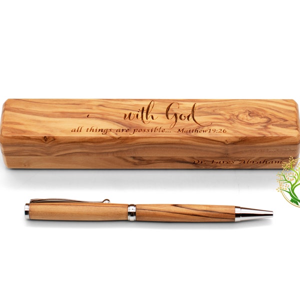 Stylo & Coffret en bois d'olivier | Boîte à stylos en bois de Noël et cadeau de stylo de Terre Sainte | étui à stylos en bois gravé "avec Dieu tout est possible"