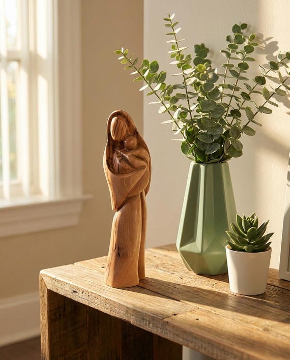Hand-Carved Olive Wood Mother Mary and Baby Jesus Statue - Holy Land Art
